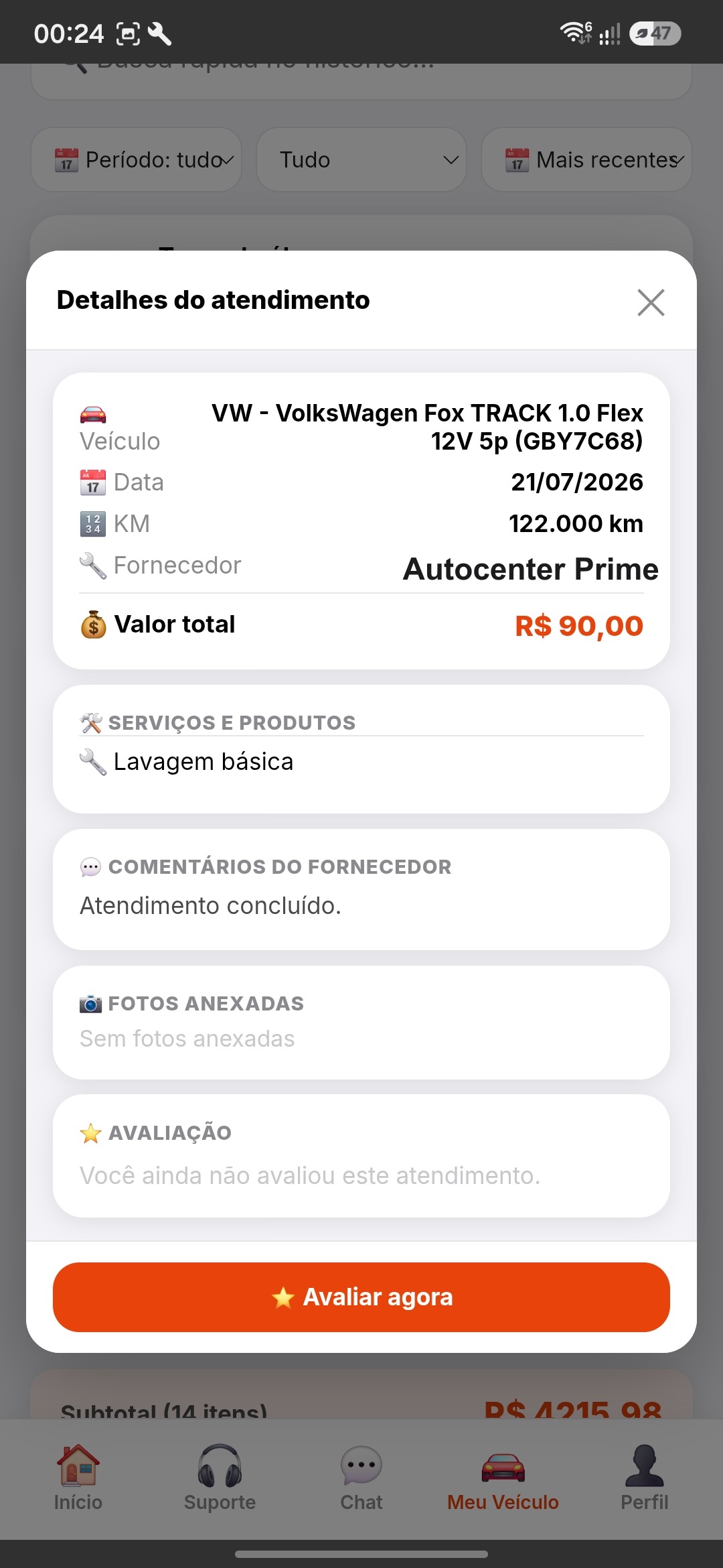 Detalhes do atendimento concluído com botão para avaliar