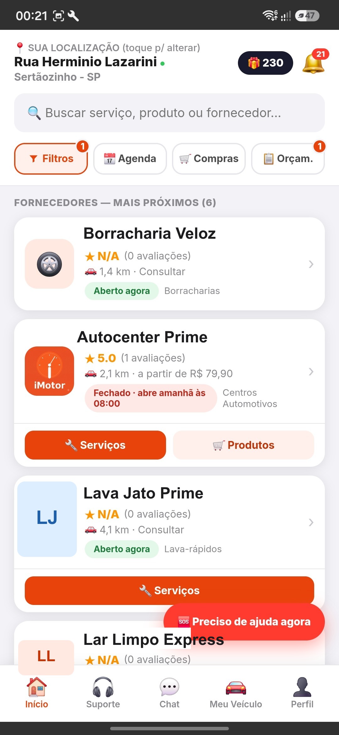 Tela inicial do app iMotor com busca de fornecedores próximos