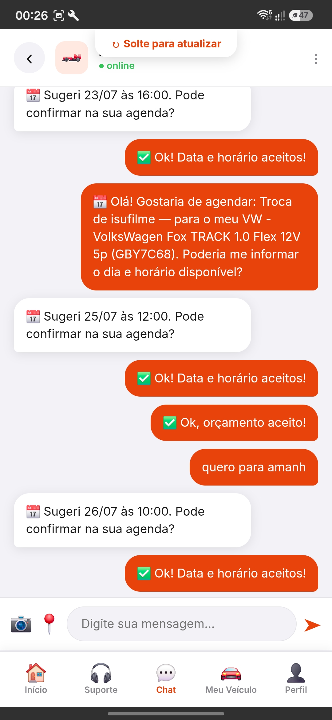 Chat negociando data e horário de atendimento