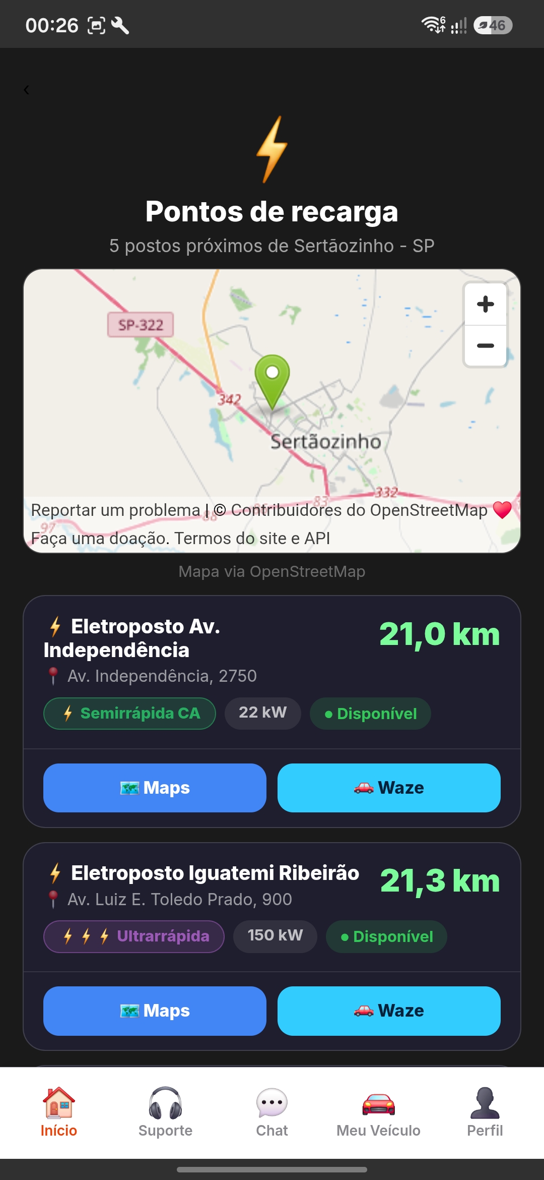 Mapa de pontos de recarga elétrica próximos