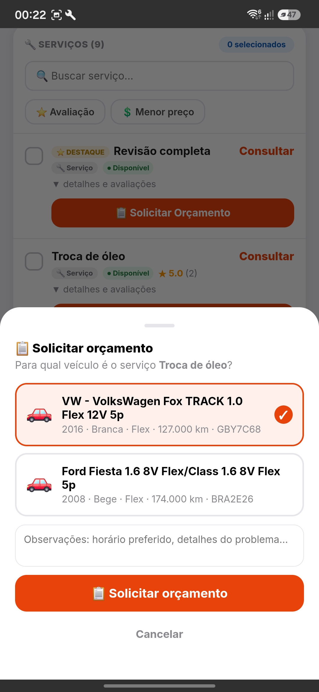 Tela de solicitação de orçamento com escolha do veículo