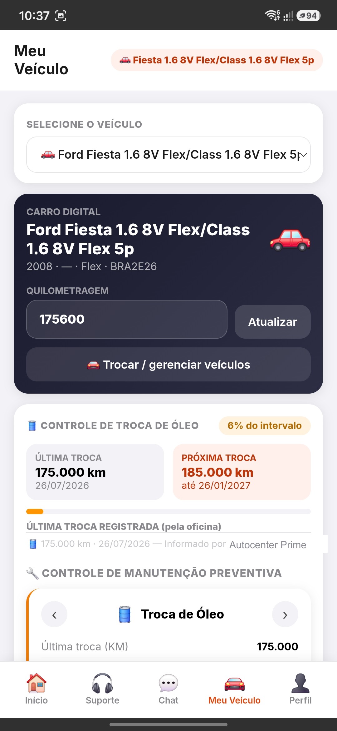 Tela Meu Veículo com controle de troca de óleo e manutenção
