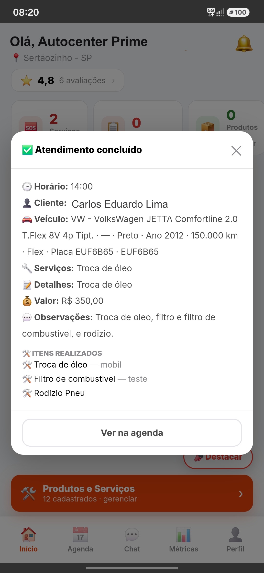 Painel do fornecedor com detalhe de atendimento concluído