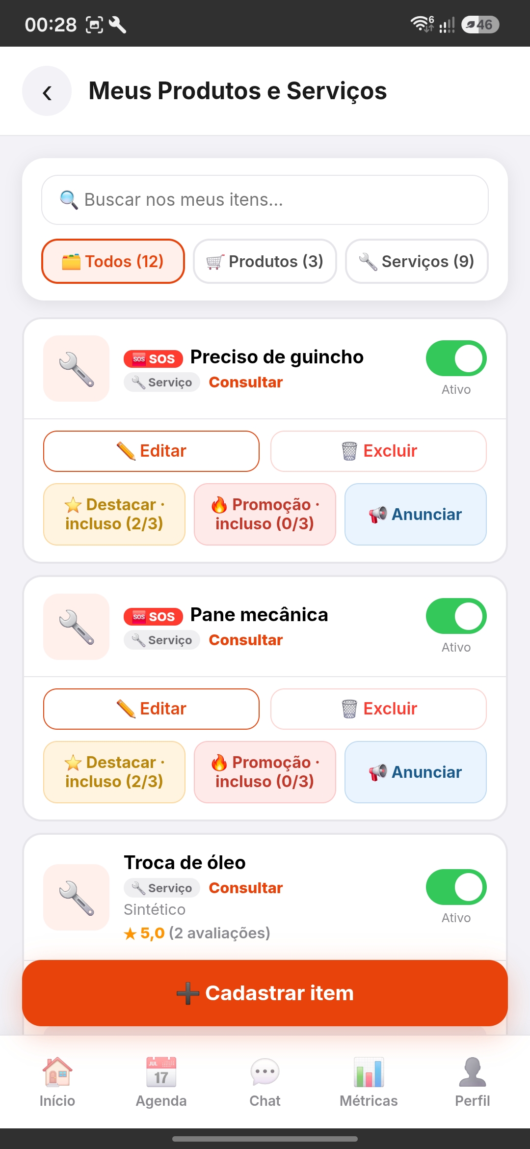 Tela Meus Produtos e Serviços com opções de editar, destacar e anunciar