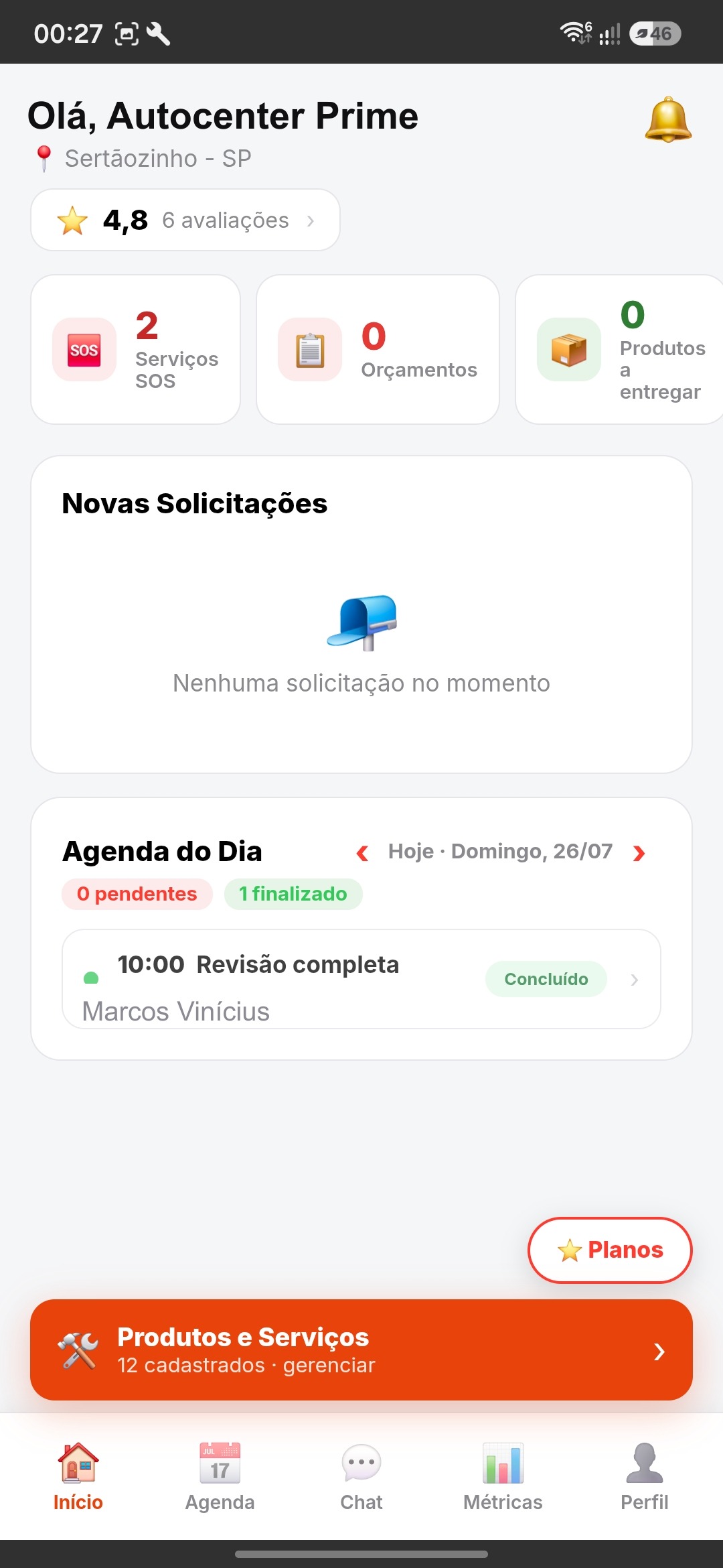 Página inicial do fornecedor com novas solicitações e agenda do dia